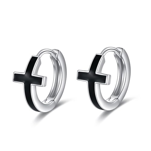 AOBOCO Black Hoops Earrings for Men Sterling Silver Viking Celtic Cross Heart Skull Round Triangle Hoop Earrings Birthday Father Day Christmas Jewelry Gifts for Men Women Friends - style: Cross Hoops
