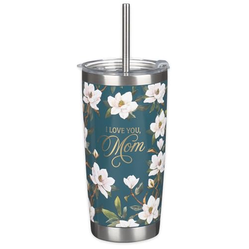 Christian Art Gifts Large Stainless Steel Double Wall Vacuum Insulated Travel Tumbler for Mothers: Love You, Mom, Inspiring Scripture, Hot/Cold, Flip Top Lid, Resusable Straw, Dark Teal Floral, 18 oz. - color: Dark Teal Floral/Mom