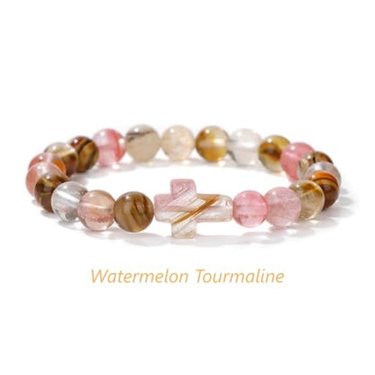 8mm Gemstone Cross Bracelet for Women Men – Stretch Beaded Faith Bracelet with Sideways Cross (Multiple Colors) - style: Watermelon Tourmaline