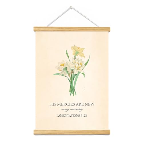 BAEMEFLE Framed Boho Floral Scripture Canvas Print, His Mercies Are New Every Morning Religious Wall Decor, Gifts for Women Bedroom Living Room Office 12x16 Inch (Flower, 16" L x 12" W, Framed) - color: Flower, size: 16"L x 12"W