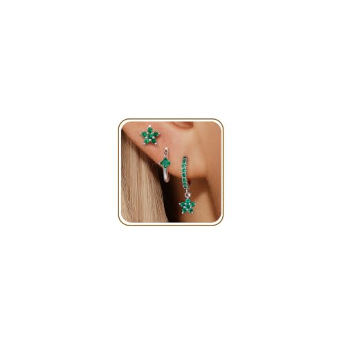 Angelady Gold Hoop Earrings Set for Women, Dainty 14K Gold Plated Flower Moon Cross Dangle Earrings, Hypoallergenic Huggie Hoop Earring Stacks, Stud Earrings for Women Trendy Jewelry Gift - color: Silver Green CZ