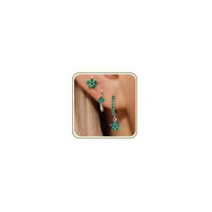 Angelady Gold Hoop Earrings Set for Women, Dainty 14K Gold Plated Flower Moon Cross Dangle Earrings, Hypoallergenic Huggie Hoop Earring Stacks, Stud Earrings for Women Trendy Jewelry Gift - color: Silver Green CZ