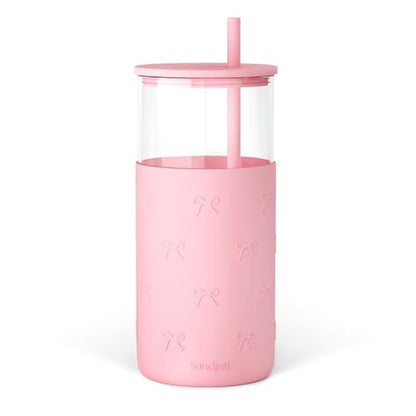 SANDJEST Glass Tumbler with Straw and Lid, Glass Water Bottle with Silicone Sleeve 20oz with Bow, Smoothie, Iced Coffee Cup, Bow Gifts for Women Teen Girls Birthday Christmas - color: Bow 3