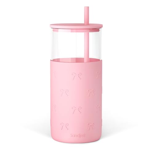 SANDJEST Glass Tumbler with Straw and Lid, Glass Water Bottle with Silicone Sleeve 20oz with Bow, Smoothie, Iced Coffee Cup, Bow Gifts for Women Teen Girls Birthday Christmas - color: Bow 3