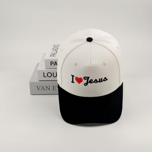 Embroidered Christian Two-Tone Baseball Cap for Men & Women, Adjustable Dad Hat Christmas Easter Gift - color: I Love Jesus Heart, Black/Beige
