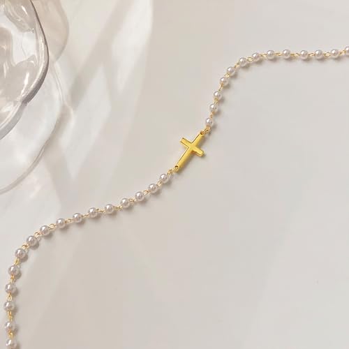 Airmb Cross Necklace for Women Choker 14K Gold/925 Silver Plated Dainty Choker Small Cross Pendant Trendy Cute Cross Charm Delicate Necklace Hypoallergenic Faith Jewelry Religious Gifts for Women - color: Sideways Cross-Pearl Chain-Gold