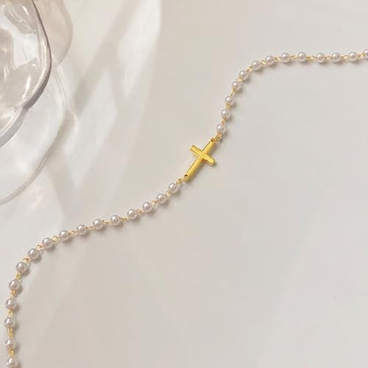 Airmb Cross Necklace for Women Choker 14K Gold/925 Silver Plated Dainty Choker Small Cross Pendant Trendy Cute Cross Charm Delicate Necklace Hypoallergenic Faith Jewelry Religious Gifts for Women - color: Sideways Cross-Pearl Chain-Gold