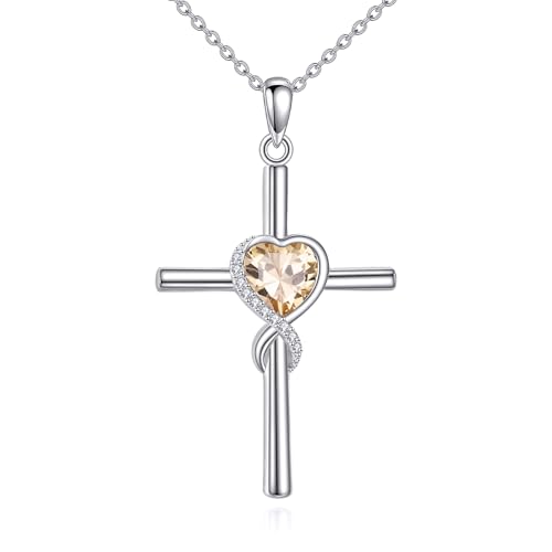 S925 Sterling Silver Cross Necklace for Women Birthstone Necklace Heart Infinity Cross Pendant Necklace Christmas Valentines Day Gifts Birthday Holiday Gifts for Her, 18"+2" Inches - color: 11-Nov Birthstone - Citrine