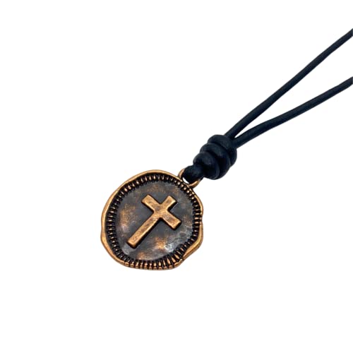 Cross Necklace Mens - Men Cross Coin, Religious Pendant, Medallion Necklaces, Christmas Gift, Catholic Pendant, Christian Charms, Women Gifts to Husband, Cute Crosses - color: Antique Gold, style: Black Leather