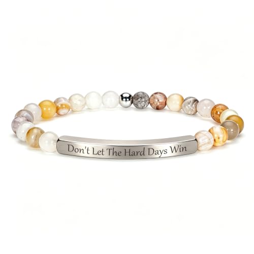 Inspirational Christian Bracelet for Women, Bamboo Leaf Agate Beaded Bible Verse Jewelry, 18K Gold Plated Religious Faith Gift, Scripture Encouragement Jewelry for Her - color: DON'T LET THE HARD DAYS WIN-Bamboo Agate Silver