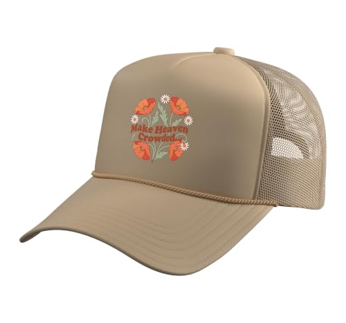 Christian Bible Verse Women Faith Make Heaven Crowded Trucker Hat with Adjustable Mesh Back - color: Khaki