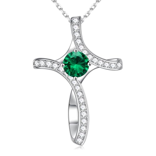 Iefil Cross Necklace for Women - Birthstone Necklace for Women Wife Her - color: 05-May-Emerald Green