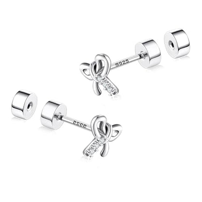CEROUNO Flat Back Stud Earrings - 925 Sterling Silver Post Flatback Earrings Gold Silver Cubic Zirconia Earrings Studs for Women - color: Silver Bow