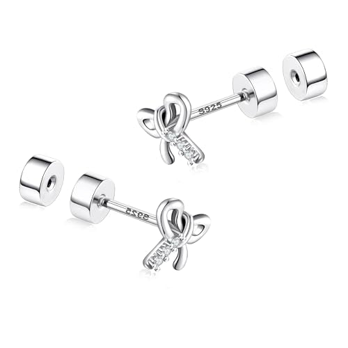 CEROUNO Flat Back Stud Earrings - 925 Sterling Silver Post Flatback Earrings Gold Silver Cubic Zirconia Earrings Studs for Women - color: Silver Bow