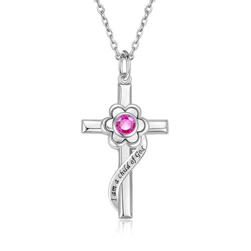 I am a Child of God Necklace - 925 Sterling Silver Birthstone Flower Cross Pendant Religious Jewelry Baptism First Communion Confirmation Gifts for Girls - style: Jul