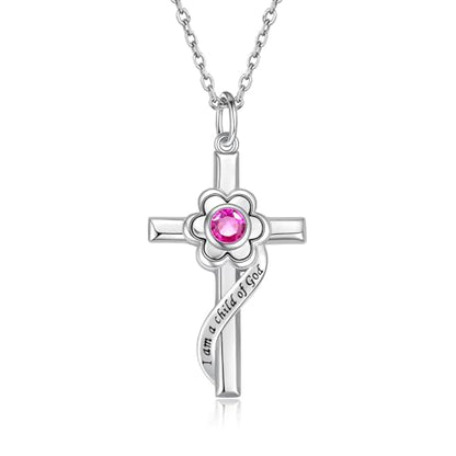 I am a Child of God Necklace - 925 Sterling Silver Birthstone Flower Cross Pendant Religious Jewelry Baptism First Communion Confirmation Gifts for Girls - style: Jul