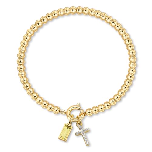 Korotho Cross Birthstone Bracelet for Women - Dainty Elastic 14K Gold Plated Bead Bracelets Trendy Waterproof Non Tarnish Birthday Jewelry Gifts Birthday Christmas Stocking Stuffer for Mom Friends - color: 11-November(Citrine)