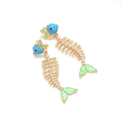 Fish Bone Earrings Drip Oil Animal Earrings Colorful Crystal Sparkly Enamel Earrings Creative Long Fishbone Earstud Dangle Fish Drop Earrings Jewelry for Women - color: Green