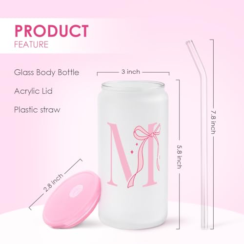 SANDJEST Monogrammed Glass Drinking Can Cup with Acrylic Lid and Straw, Personalized Frosted Iced Coffee Tumbler 16oz, Monogram Initial Gifts for Women Girls on Birthday (M) - color: M