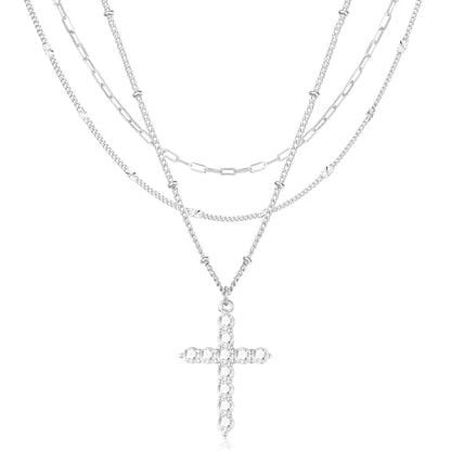 3PCS Gold Silver Layered Necklaces for Women Trendy - color: Silver&Cross