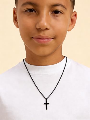 Cross Necklace for Boys Mens Stainless Steel Twisted Rope Chain Cross Pendant Rustproof Necklace for Teen Boy Mens Christian First Communion Confirmation Gifts for Boys - color: Black