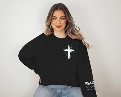 MOUSYA Women Christian Sweatshirt Psalms 91 Sleeve Print Sweatshirt Bible Verse Pullover - color: Black, size: X-Large