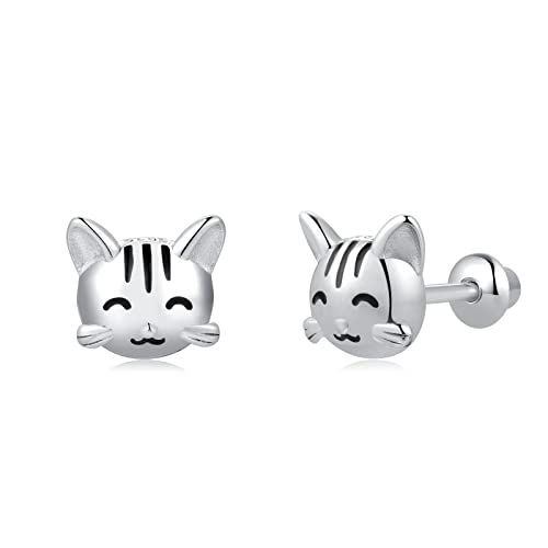 Butterfly Ladybug Unicorn Sloth Flamingo Dog Cat Turtle Angel Koala Daisy Panda Stud Earrings for Girls Women - Sterling Silver Hypoallergenic Animal Earrings with Secure Screw Backs - color: A4-Cat