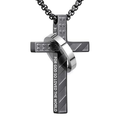 Cross Necklace for Men,Stainless Steel Ring Pendant Necklaces - color: black, style: 3:16 with ring