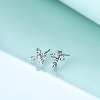 Rnivida 925 Sterling Silver Cross Stud Earrings for Women - color: Cross Silver