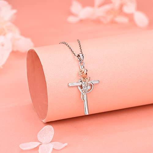 Distance Cross Necklace for Women 925 Sterling Silver Jewelry Pendant Necklace for Mom Wife Gift for Mother's Day or Birthday - style: Rose Butterfly Cross necklace