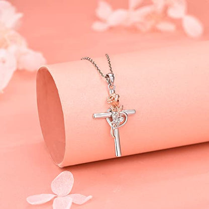 Distance Cross Necklace for Women 925 Sterling Silver Jewelry Pendant Necklace for Mom Wife Gift for Mother's Day or Birthday - style: Rose Butterfly Cross necklace