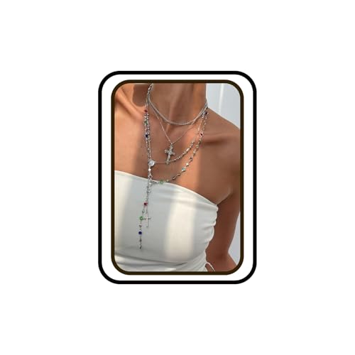 Layered Cross Necklace Set for Women Men – Multi Chain Gold Silver Cross Pendant Jewelry with Rhinestone Accents, Vintage Punk Gothic Style Jewelry Gifts - color: D: Silver