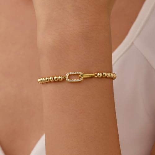 GINAZAL Gold Bead Bracelet for Women, Hypoallergenic Fade-Resistant | Brass | 14K Gold |Cubic Zirconia - color: Link