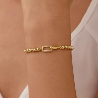 GINAZAL Gold Bead Bracelet for Women, Hypoallergenic Fade-Resistant | Brass | 14K Gold |Cubic Zirconia - color: Link
