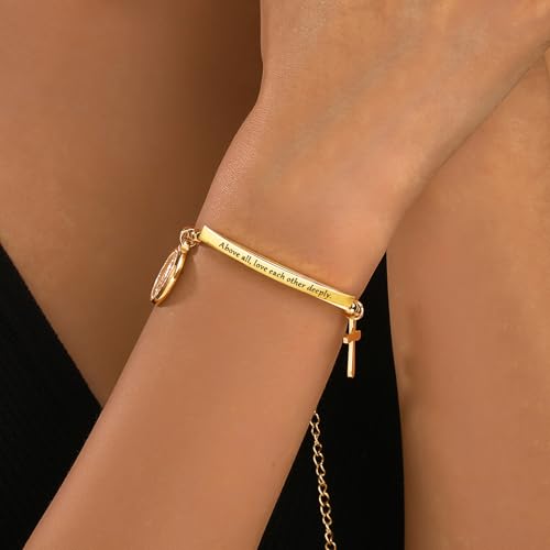 DS Women Christian Charm Bracelet,Cross Scripture Stainless Steel Jewelry - style: Above all, love each other deeply.-Peter 4:8-Gold