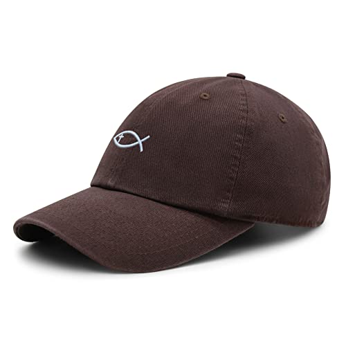 JPAK Jesus Fish Symbol Premium Dad Hat Embroidered Cotton Baseball Cap Symbol of Christianity - color: Brown