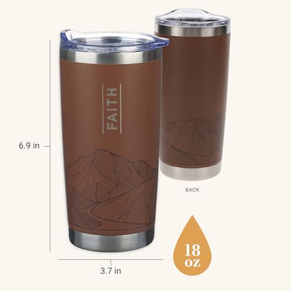 Christian Art Gifts Large Premium Stainless Steel Vacuum Sealed Insulated Travel Mug Tumbler for Men & Women: Faith Inspiring Mountain Theme, Leak-Proof Retractable Lid, All Day Hot/Cold, Brown, 18 oz - color: Brown Mountains/Faith