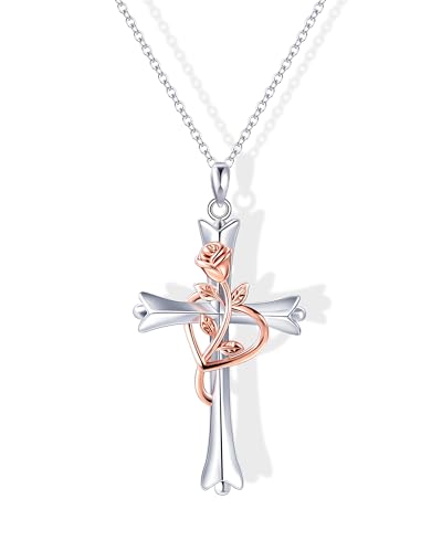 ACECHA Silver Cross Necklace for Women, Crosses Pendant with Birthflower - color: White Silver-Rose