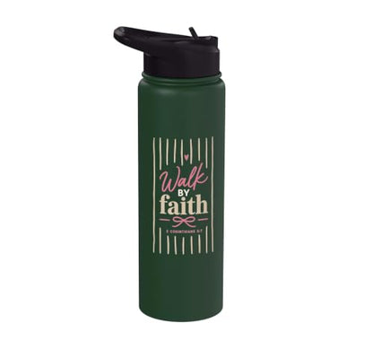 Christian Faith Scripture Verse Walk by Faith Pink Bow Stainless Steel Insulated Water Bottle - color: Dark Green