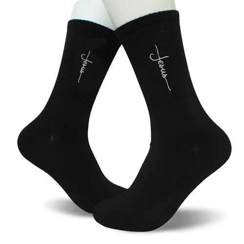 Christian Embroidered Crew Socks, Jesus Faith Religious Socks for Women and Men, Cross Scripture Novelty Gift Socks - color: Script Cross Jesus Black