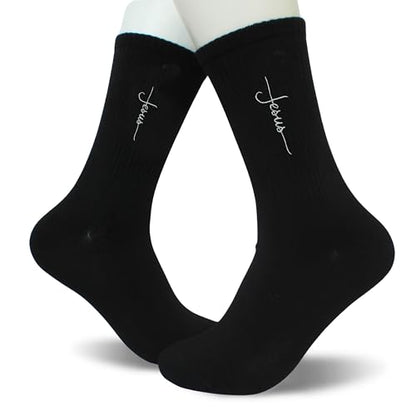 Christian Embroidered Crew Socks, Jesus Faith Religious Socks for Women and Men, Cross Scripture Novelty Gift Socks - color: Script Cross Jesus Black