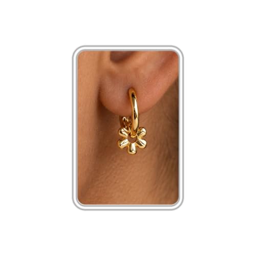 Dangle Earrings for Women, Dainty Huggie Hoop Dangle Earrings - color: Flower 01 Dangle Gold