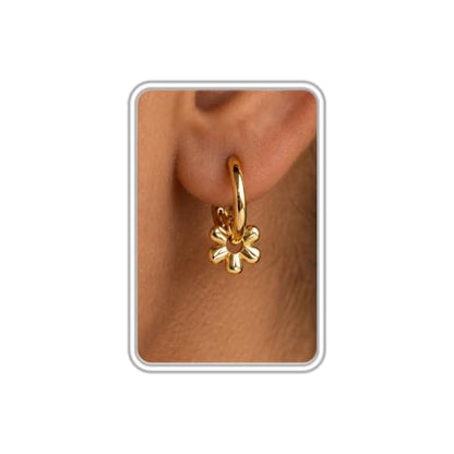 Dangle Earrings for Women, Dainty Huggie Hoop Dangle Earrings - color: Flower 01 Dangle Gold