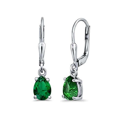Teardrop Bridal Dangling Leverback Earrings Pear Cubic Zirconia 925 Sterling Silver - color: Simulated Green Emerald CZ