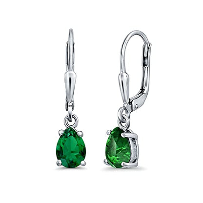 Teardrop Bridal Dangling Leverback Earrings Pear Cubic Zirconia 925 Sterling Silver - color: Simulated Green Emerald CZ