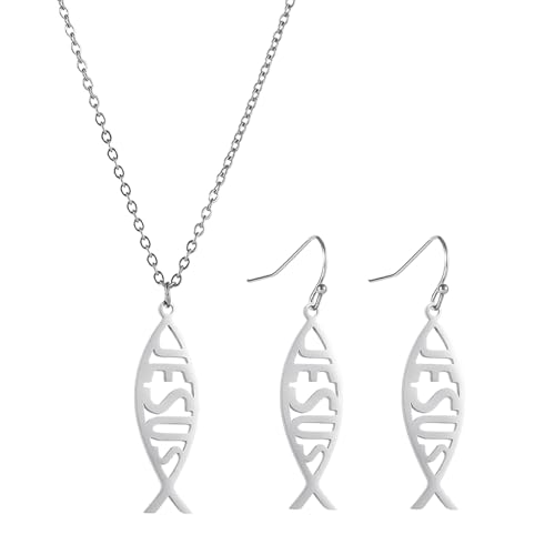 VASSAGO Jesus Fish Ichthys Faith Symbol Hook Necklace Hollow Out Design Stainless Steel Drop Dangle Earrings for Women (Set-Silver)