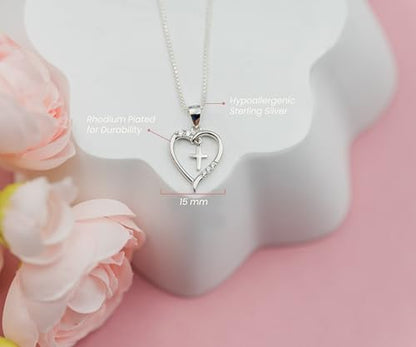 Cherished Moments Dancing Cross Heart Necklace - color: Silver-14