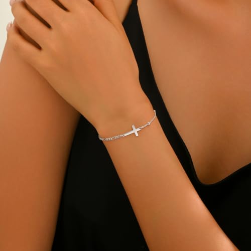 925 Sterling Silver Sideway Cross Charm Link Bracelet for Women - color: Silver