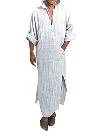 Jacansi Men's 65% Cotton 35% Linen Kaftan Thobe, Long Sleeve Casual Arabic Robe, Loose Long Gown with Pockets - color: 3# White, size: Medium