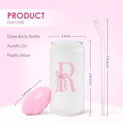 SANDJEST Monogrammed Glass Drinking Can Cup with Acrylic Lid and Straw, Personalized Frosted Iced Coffee Tumbler 16oz, Monogram Initial Gifts for Women Girls on Birthday (R) - color: R